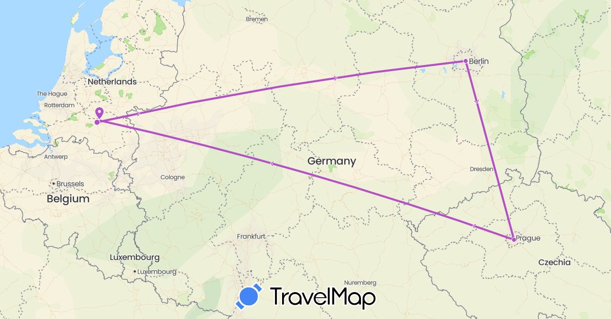TravelMap itinerary: driving, train in Czech Republic, Germany, Netherlands (Europe)